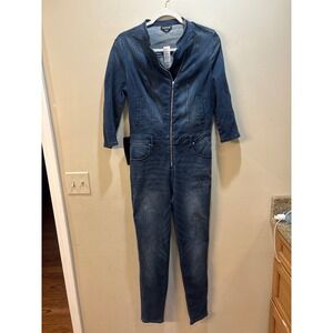 NWT Bebe Denim Moto Jumpsuit Dark Wash Zip Front 3/4 Sleeve Size 30 Skinny Leg